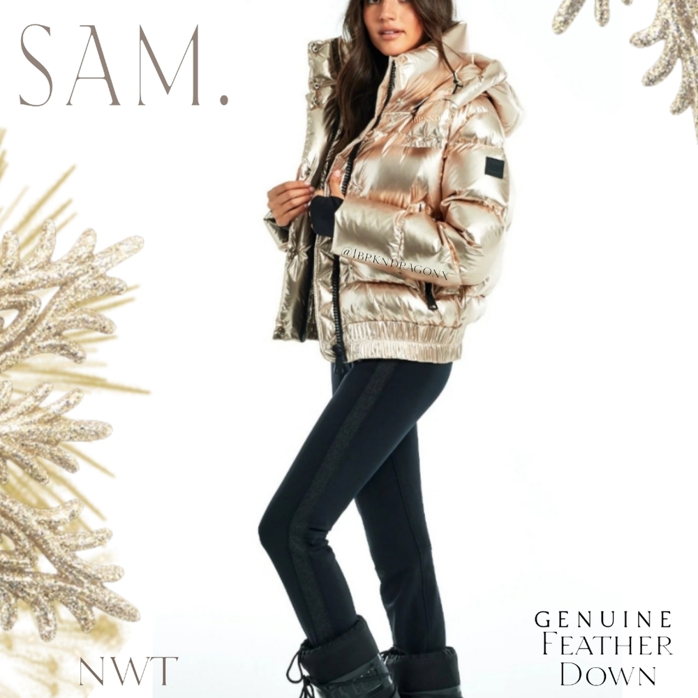 SAM. Women's Metallic Duck Goose Down Jacket Champagne Light Gold  XL NWT - Picture 2 of 16